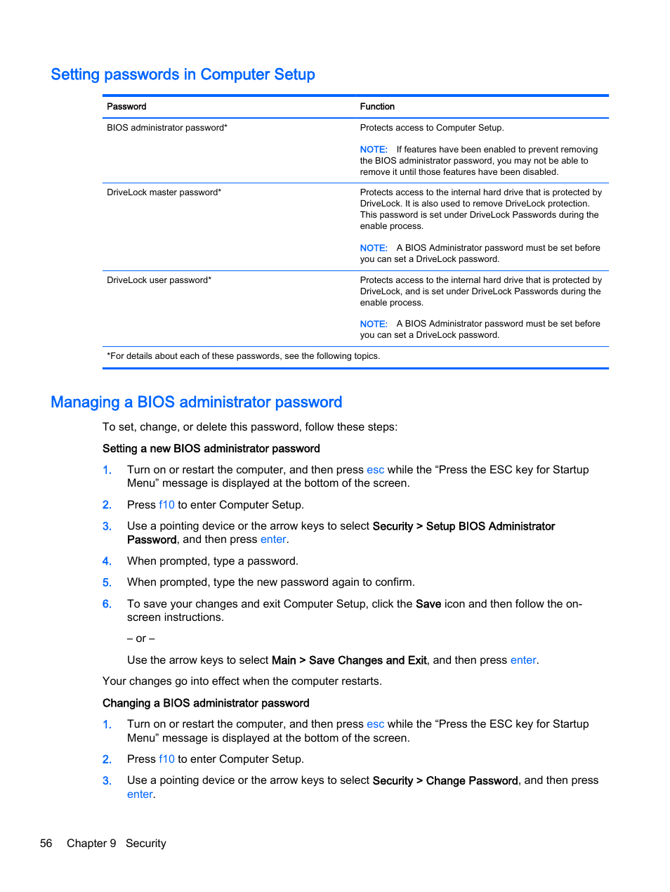 Setting passwords in computer setup, Managing a bios administrator password | HP ProBook 430 G2 Notebook PC User Manual | Page 66 / 98