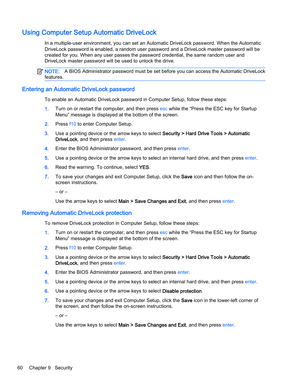 Using computer setup automatic drivelock, Entering an automatic drivelock password, Removing automatic drivelock protection | HP ProBook 430 G2 Notebook PC User Manual | Page 70 / 98