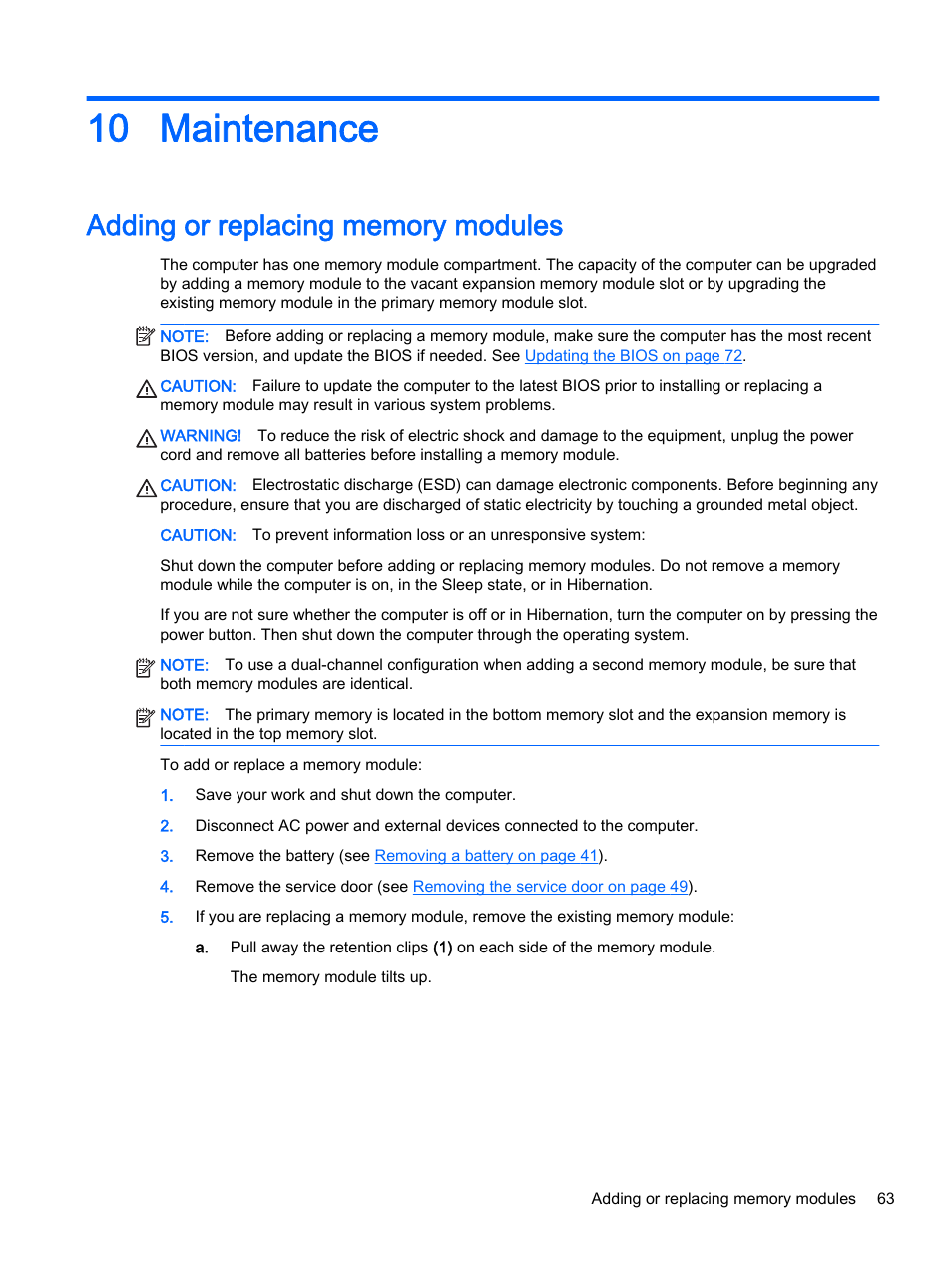 Maintenance, Adding or replacing memory modules, 10 maintenance | HP ProBook 430 G2 Notebook PC User Manual | Page 73 / 98