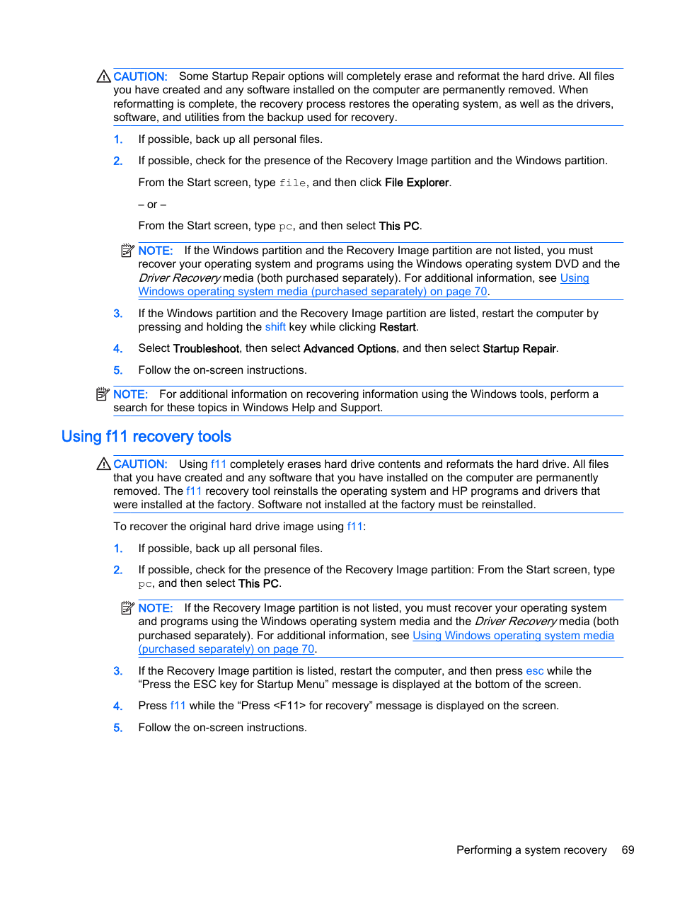 Using f11 recovery tools | HP ProBook 430 G2 Notebook PC User Manual | Page 79 / 98