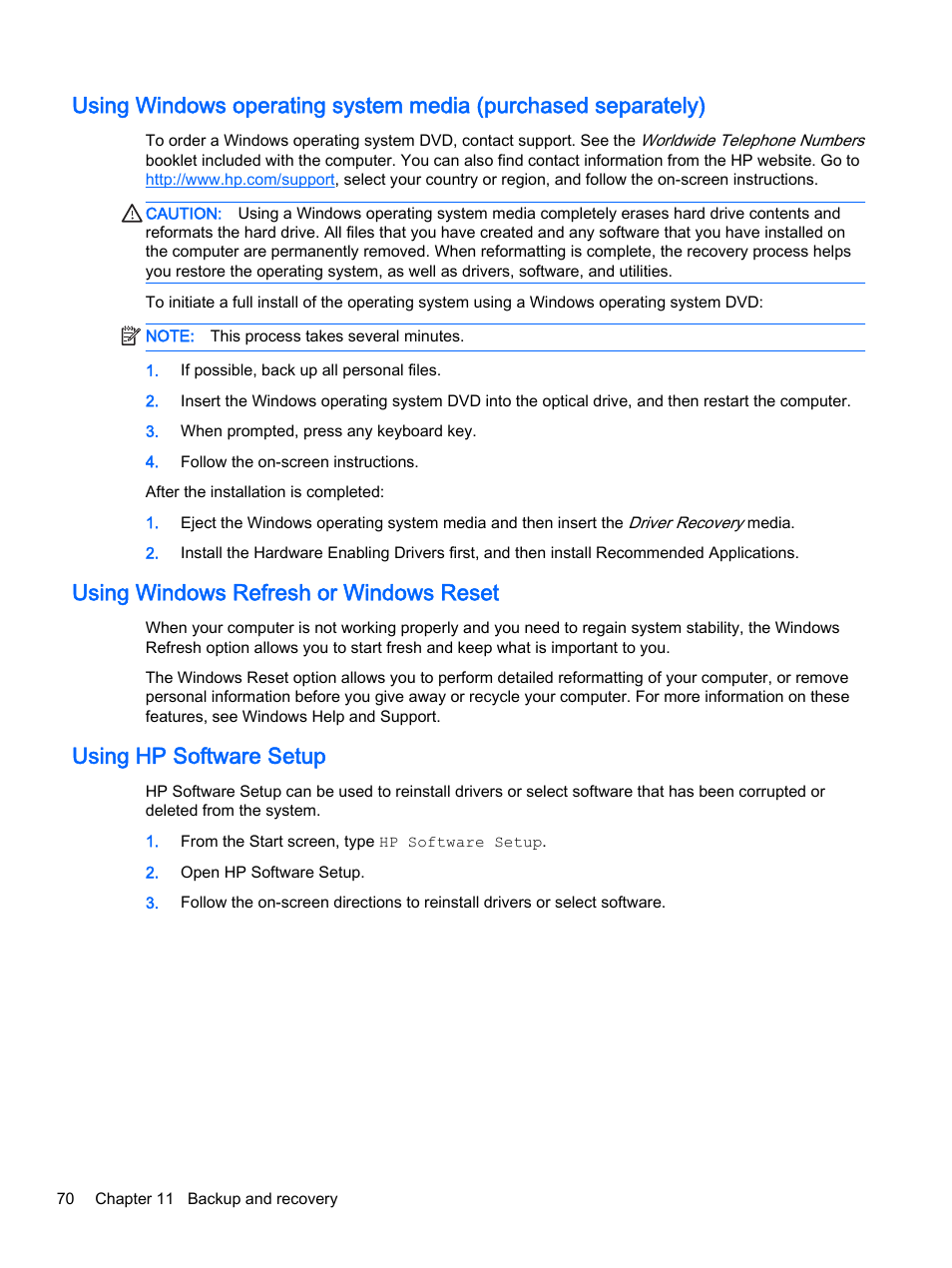 Using windows refresh or windows reset, Using hp software setup, Using | Using windows operating system media | HP ProBook 430 G2 Notebook PC User Manual | Page 80 / 98