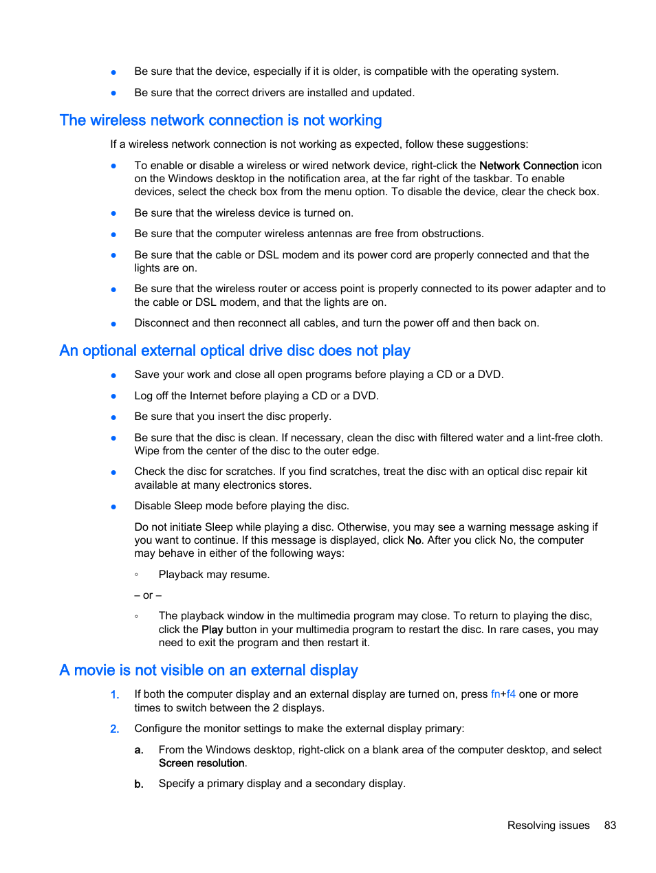 The wireless network connection is not working, A movie is not visible on an external display | HP ProBook 430 G2 Notebook PC User Manual | Page 93 / 98