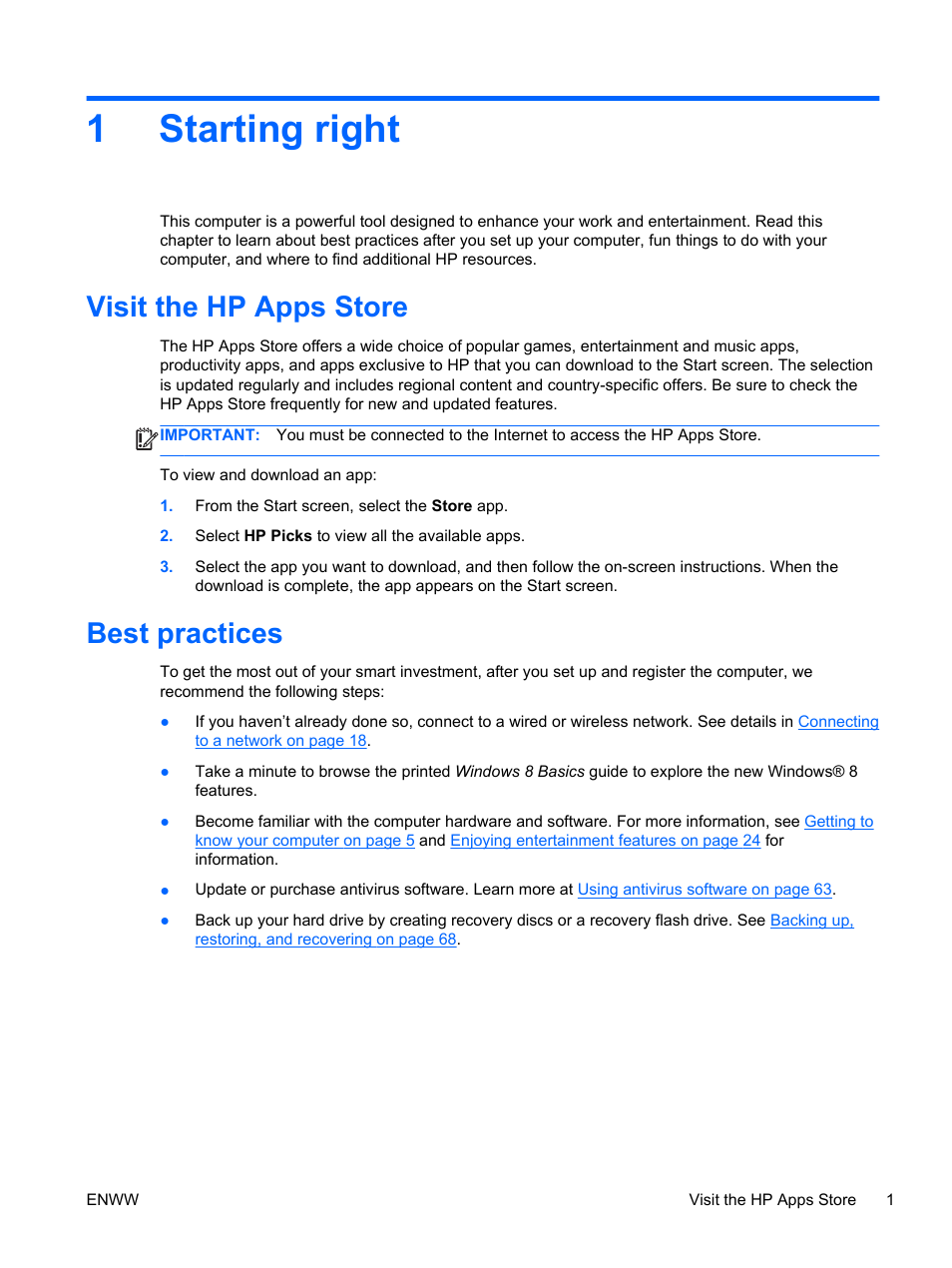 Starting right, Visit the hp apps store, Best practices | 1 starting right, Visit the hp apps store best practices, 1starting right | HP Split 13t-g100 CTO x2 PC User Manual | Page 11 / 89