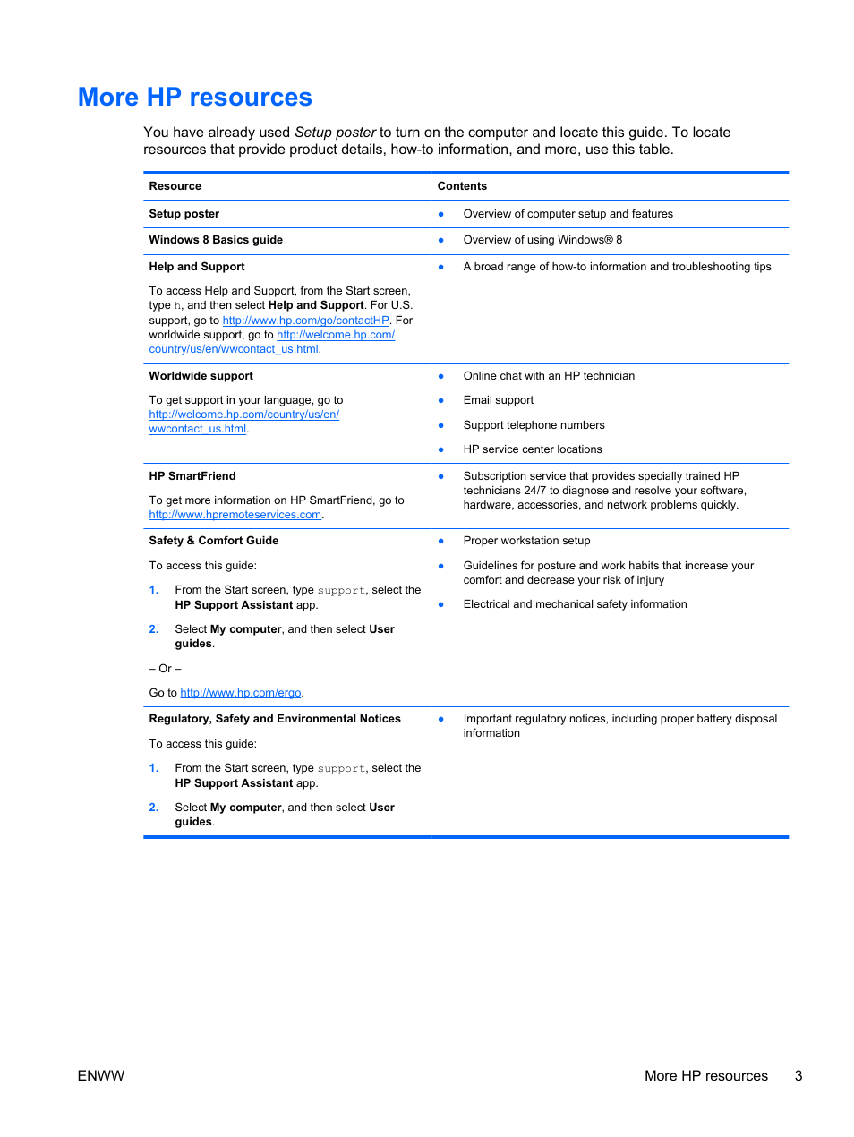More hp resources, Enww more hp resources 3 | HP Split 13t-g100 CTO x2 PC User Manual | Page 13 / 89