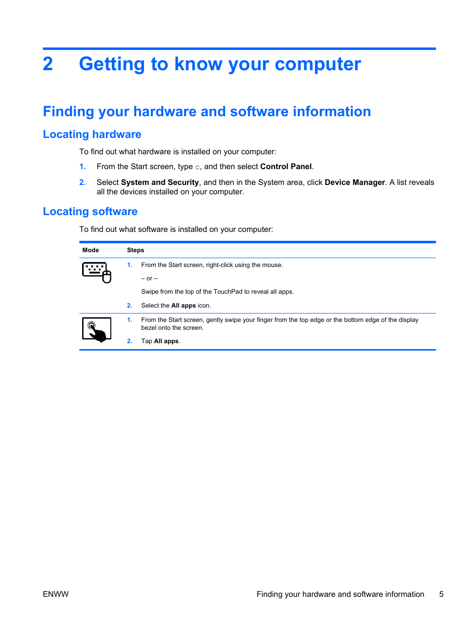 Getting to know your computer, Finding your hardware and software information, Locating hardware | Locating software, 2 getting to know your computer, Locating hardware locating software, Getting to, 2getting to know your computer | HP Split 13t-g100 CTO x2 PC User Manual | Page 15 / 89