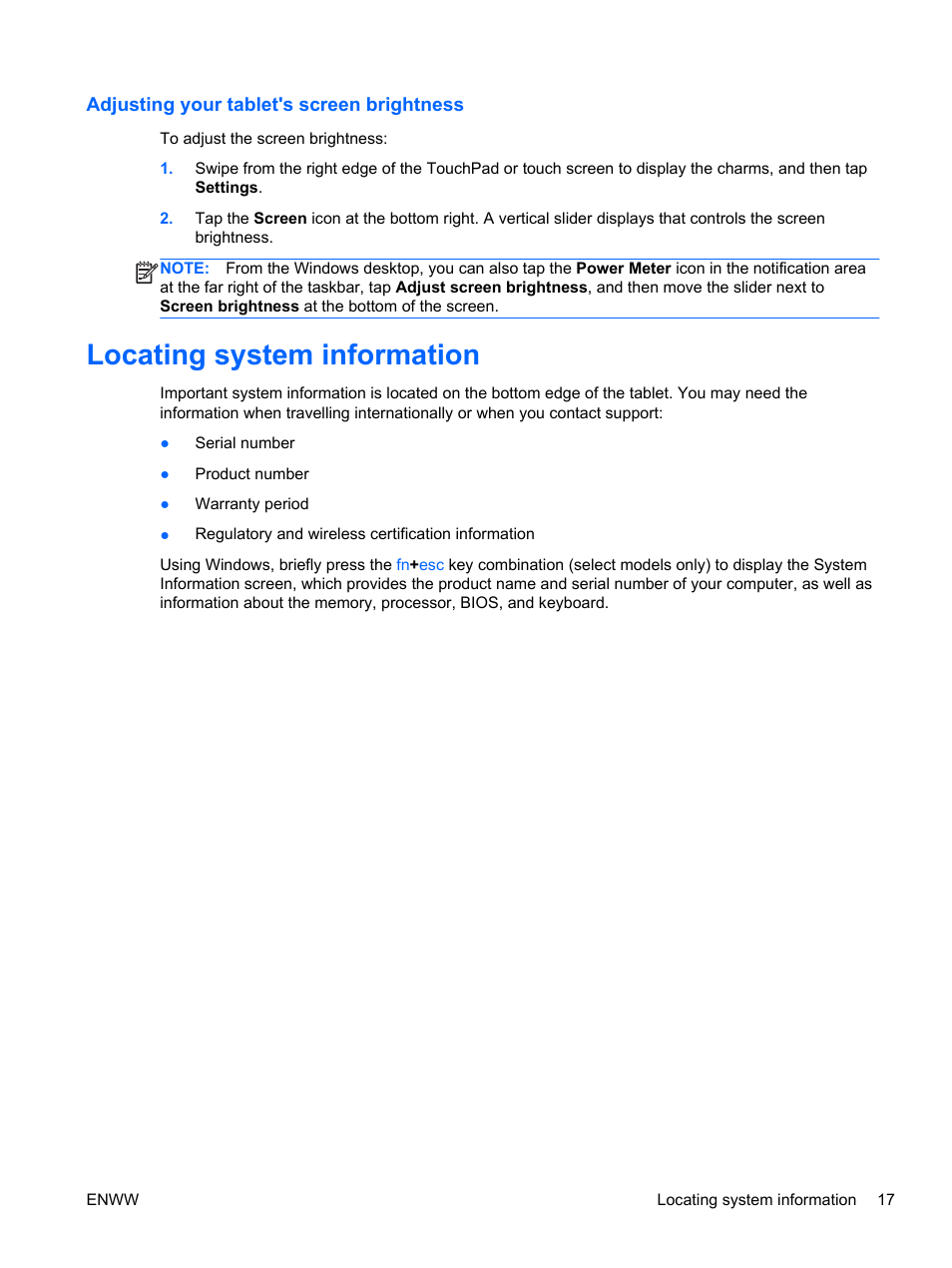 Adjusting your tablet's screen brightness, Locating system information | HP Split 13t-g100 CTO x2 PC User Manual | Page 27 / 89