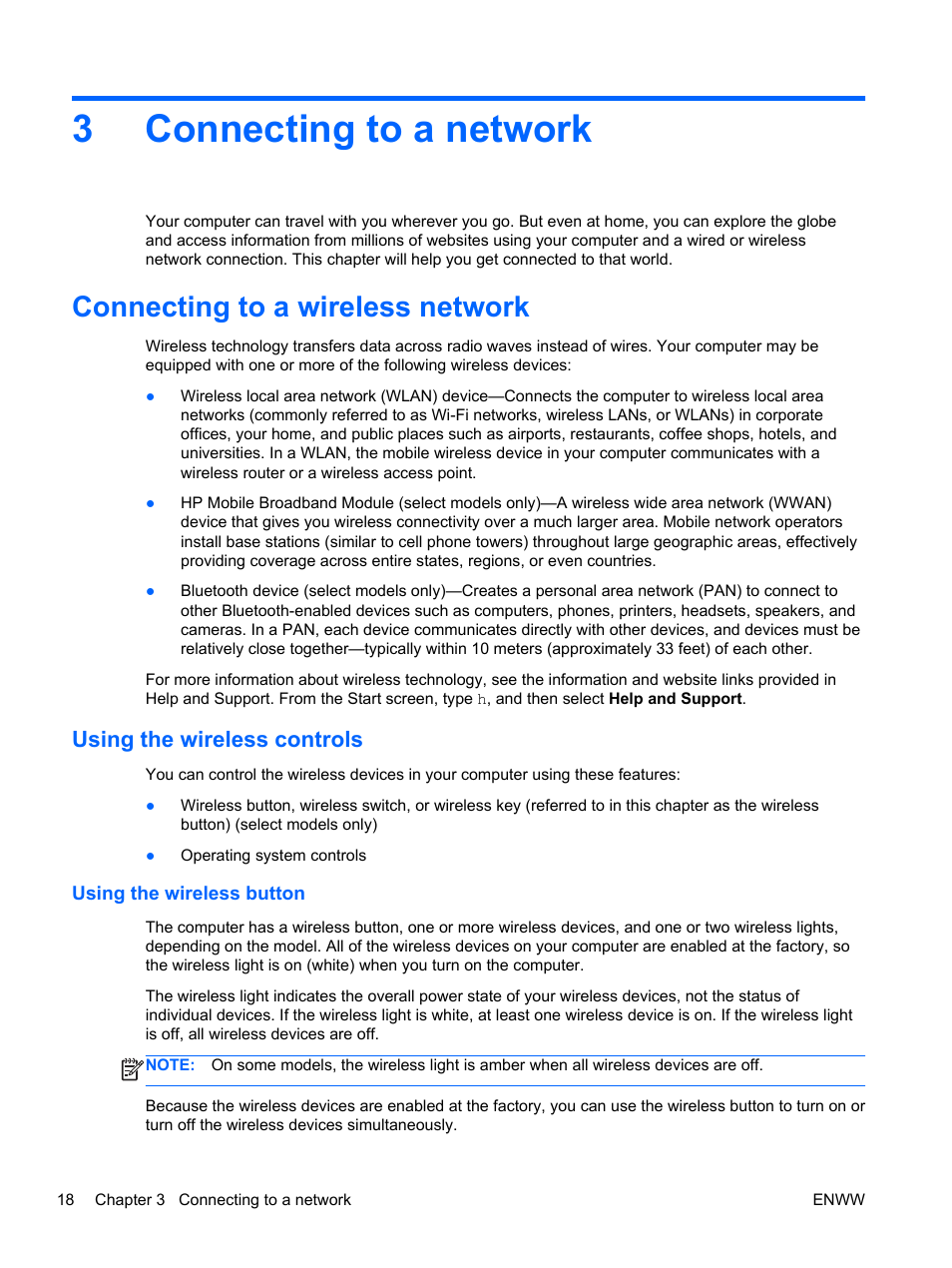 Connecting to a network, Connecting to a wireless network, Using the wireless controls | Using the wireless button, 3 connecting to a network, Connecting, 3connecting to a network | HP Split 13t-g100 CTO x2 PC User Manual | Page 28 / 89