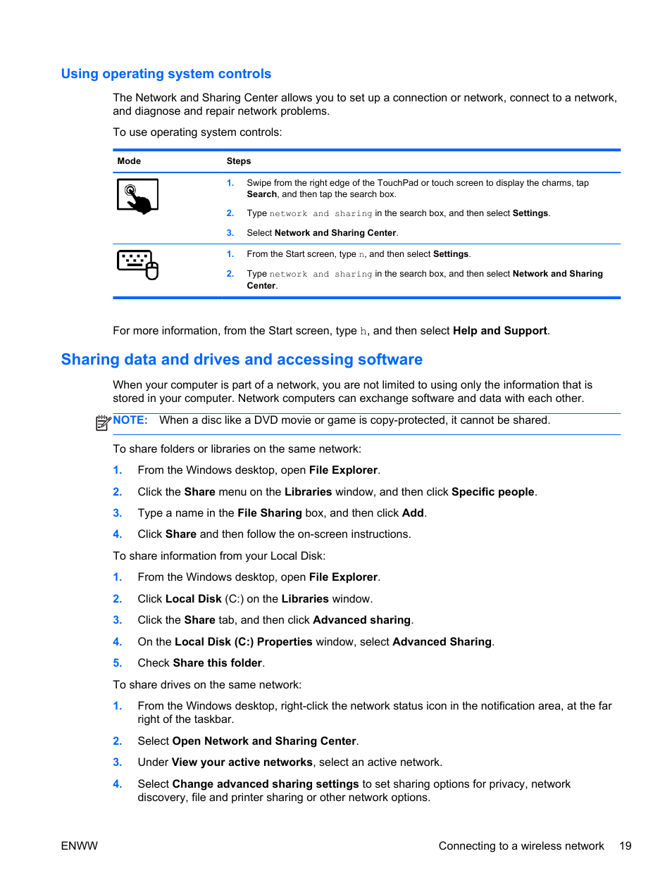 Using operating system controls, Sharing data and drives and accessing software | HP Split 13t-g100 CTO x2 PC User Manual | Page 29 / 89