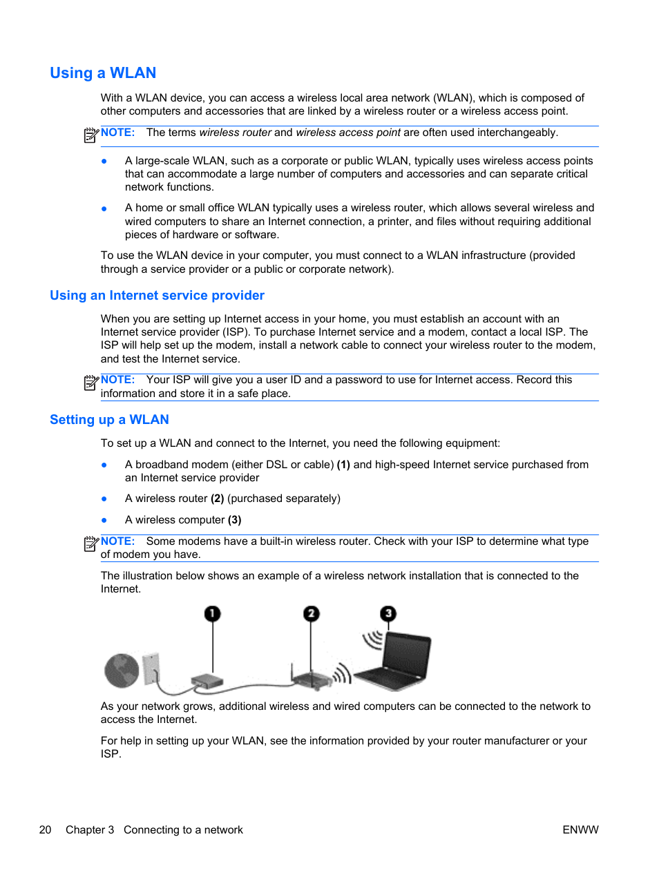 Using a wlan, Using an internet service provider, Setting up a wlan | HP Split 13t-g100 CTO x2 PC User Manual | Page 30 / 89