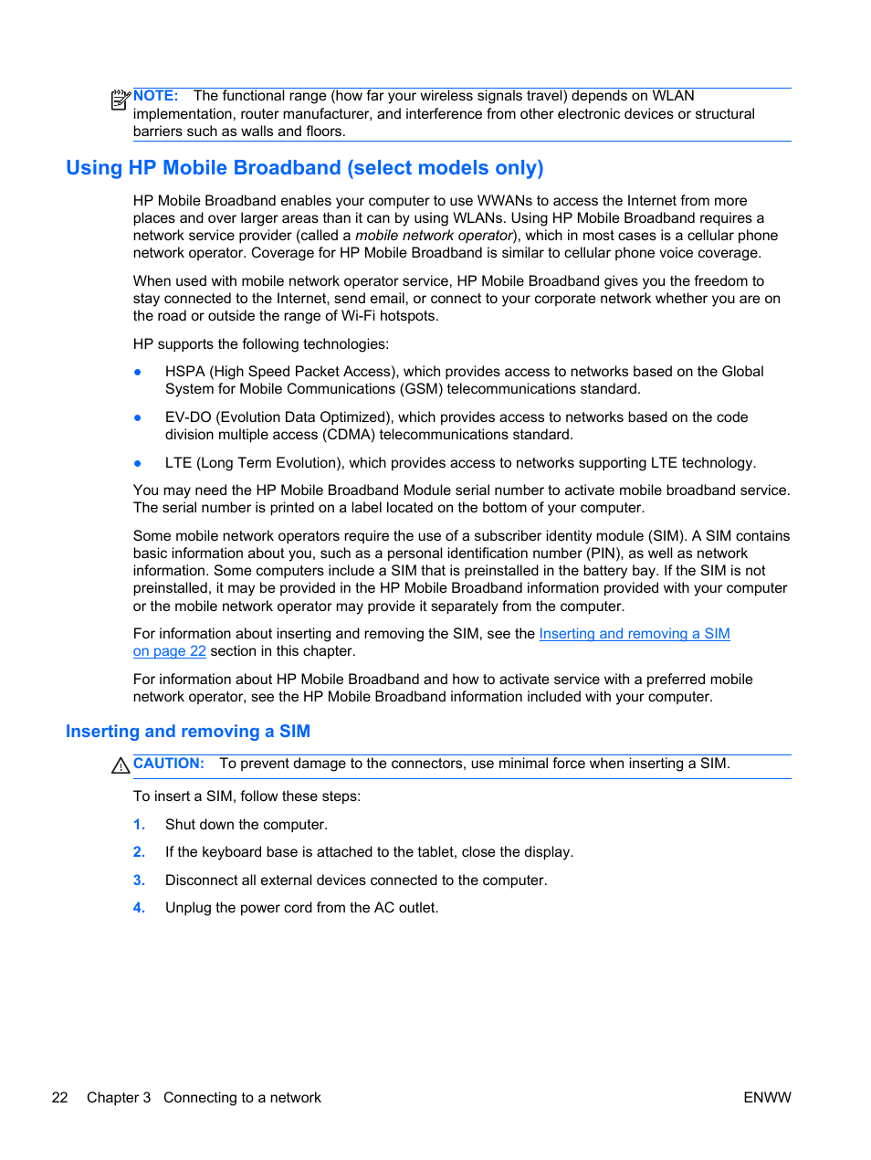 Using hp mobile broadband (select models only), Inserting and removing a sim | HP Split 13t-g100 CTO x2 PC User Manual | Page 32 / 89