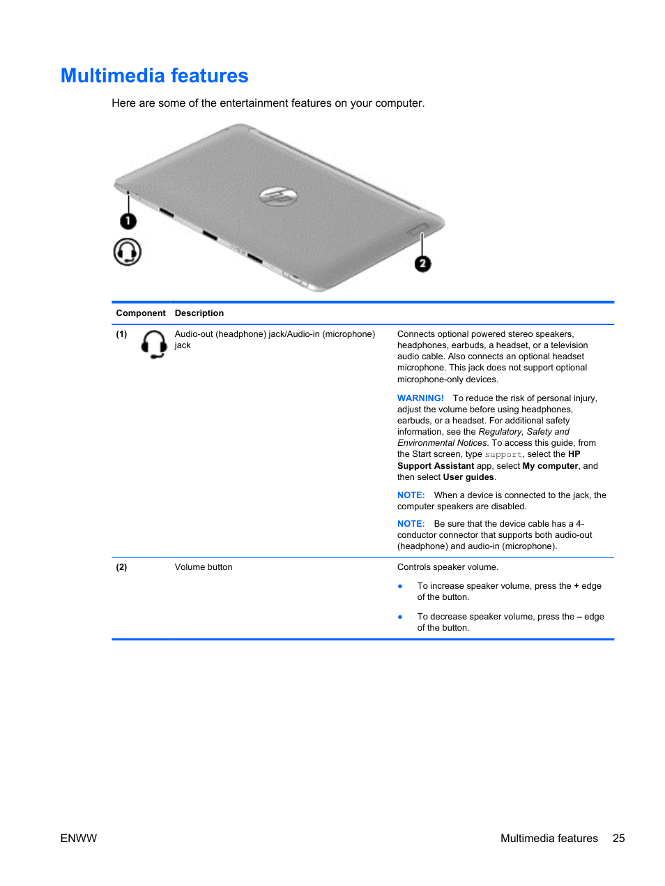 Multimedia features | HP Split 13t-g100 CTO x2 PC User Manual | Page 35 / 89