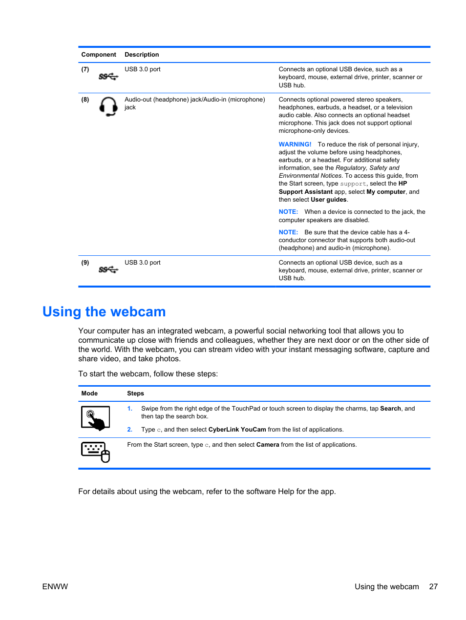 Using the webcam | HP Split 13t-g100 CTO x2 PC User Manual | Page 37 / 89