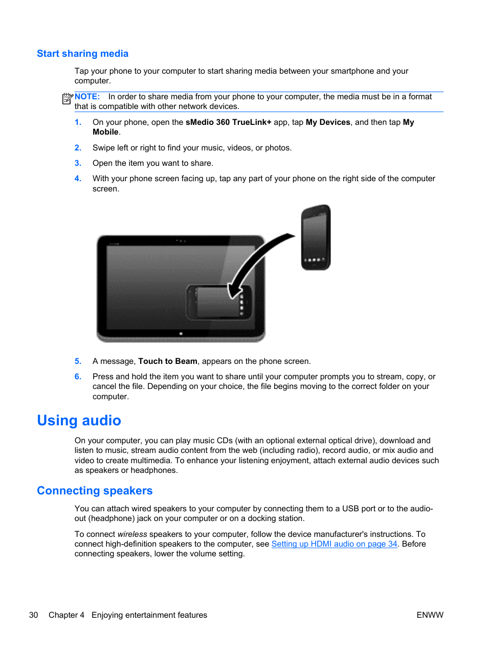 Start sharing media, Using audio, Connecting speakers | HP Split 13t-g100 CTO x2 PC User Manual | Page 40 / 89