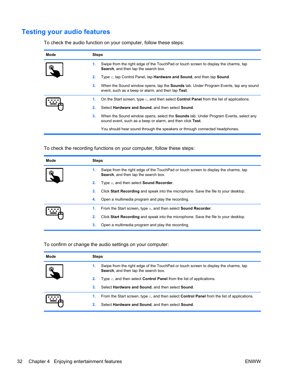 Testing your audio features | HP Split 13t-g100 CTO x2 PC User Manual | Page 42 / 89