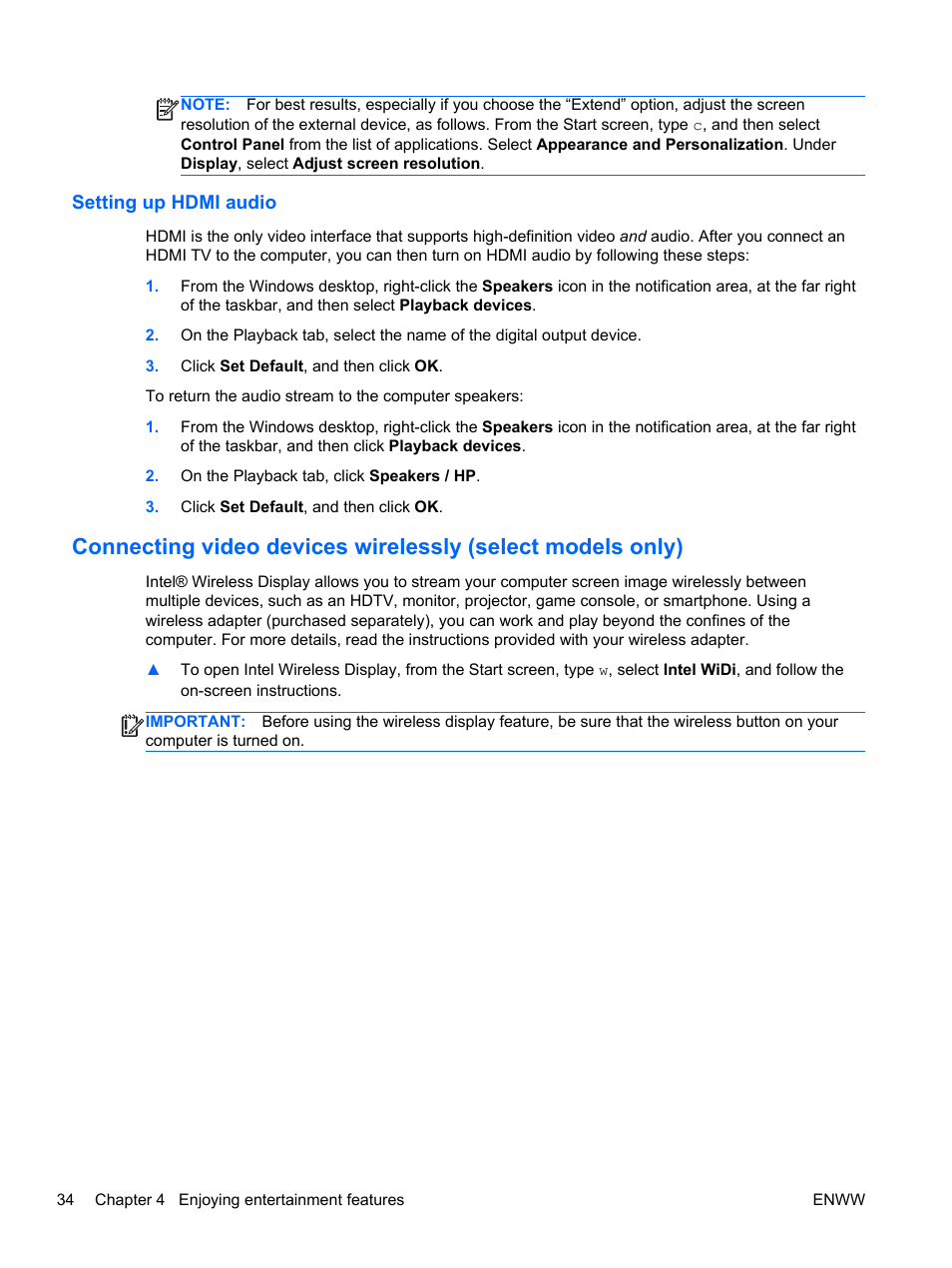 Setting up hdmi audio | HP Split 13t-g100 CTO x2 PC User Manual | Page 44 / 89