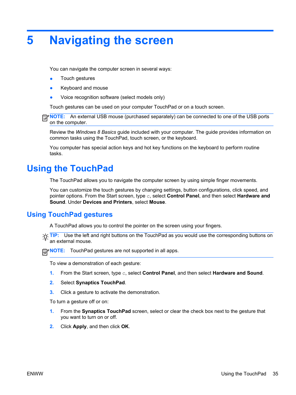 Navigating the screen, Using the touchpad, Using touchpad gestures | 5 navigating the screen, 5navigating the screen | HP Split 13t-g100 CTO x2 PC User Manual | Page 45 / 89