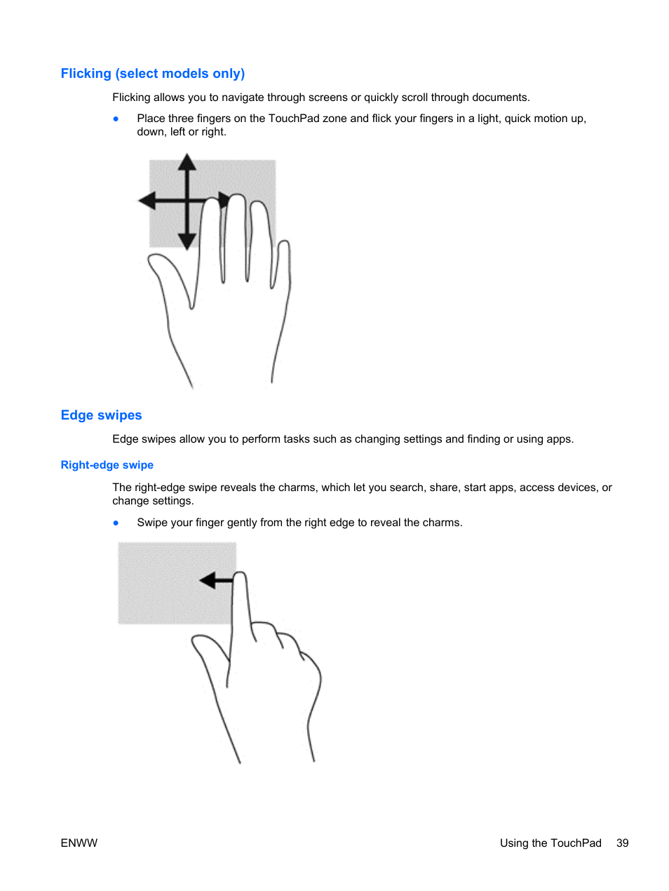 Flicking (select models only), Edge swipes, Right-edge swipe | Flicking (select models only) edge swipes | HP Split 13t-g100 CTO x2 PC User Manual | Page 49 / 89