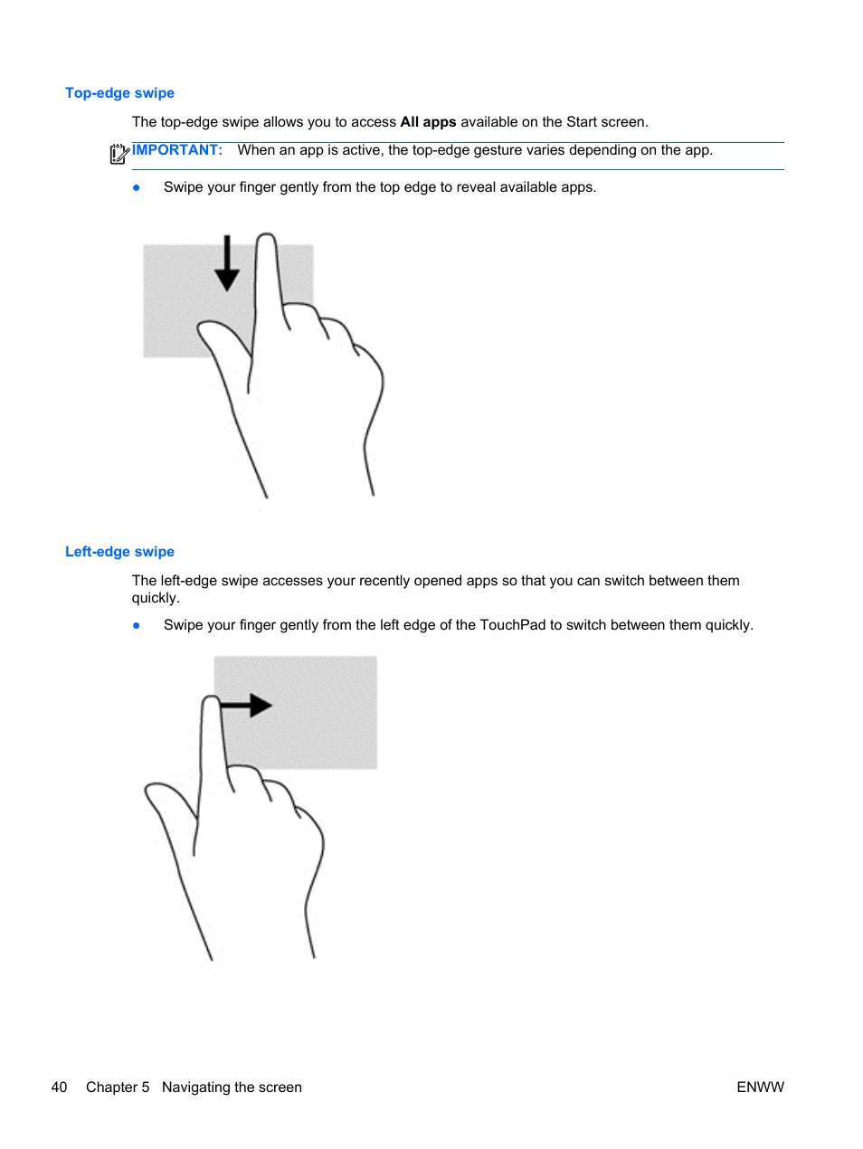Top-edge swipe, Left-edge swipe, Top-edge swipe left-edge swipe | HP Split 13t-g100 CTO x2 PC User Manual | Page 50 / 89