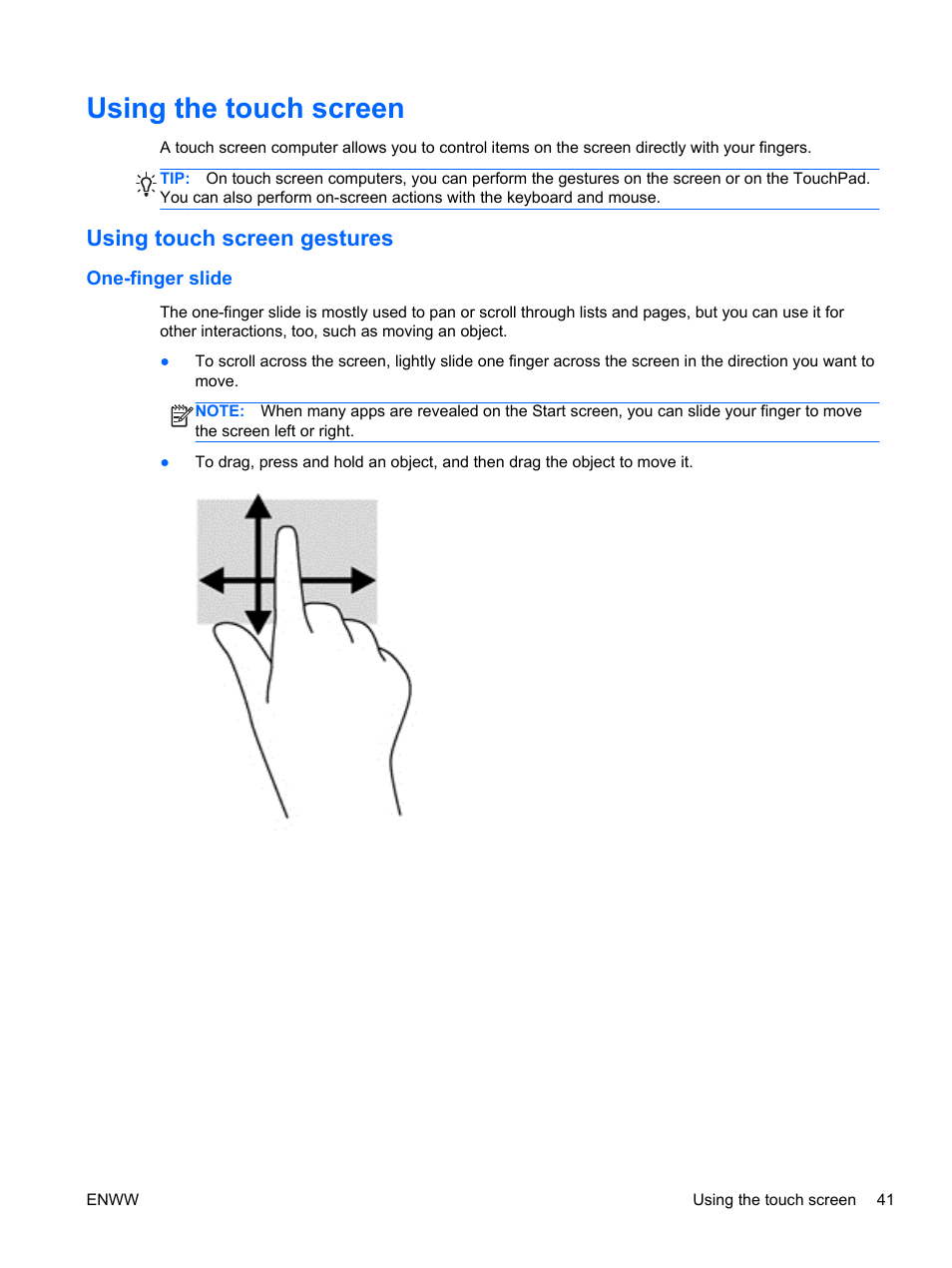 Using the touch screen, Using touch screen gestures, One-finger slide | HP Split 13t-g100 CTO x2 PC User Manual | Page 51 / 89