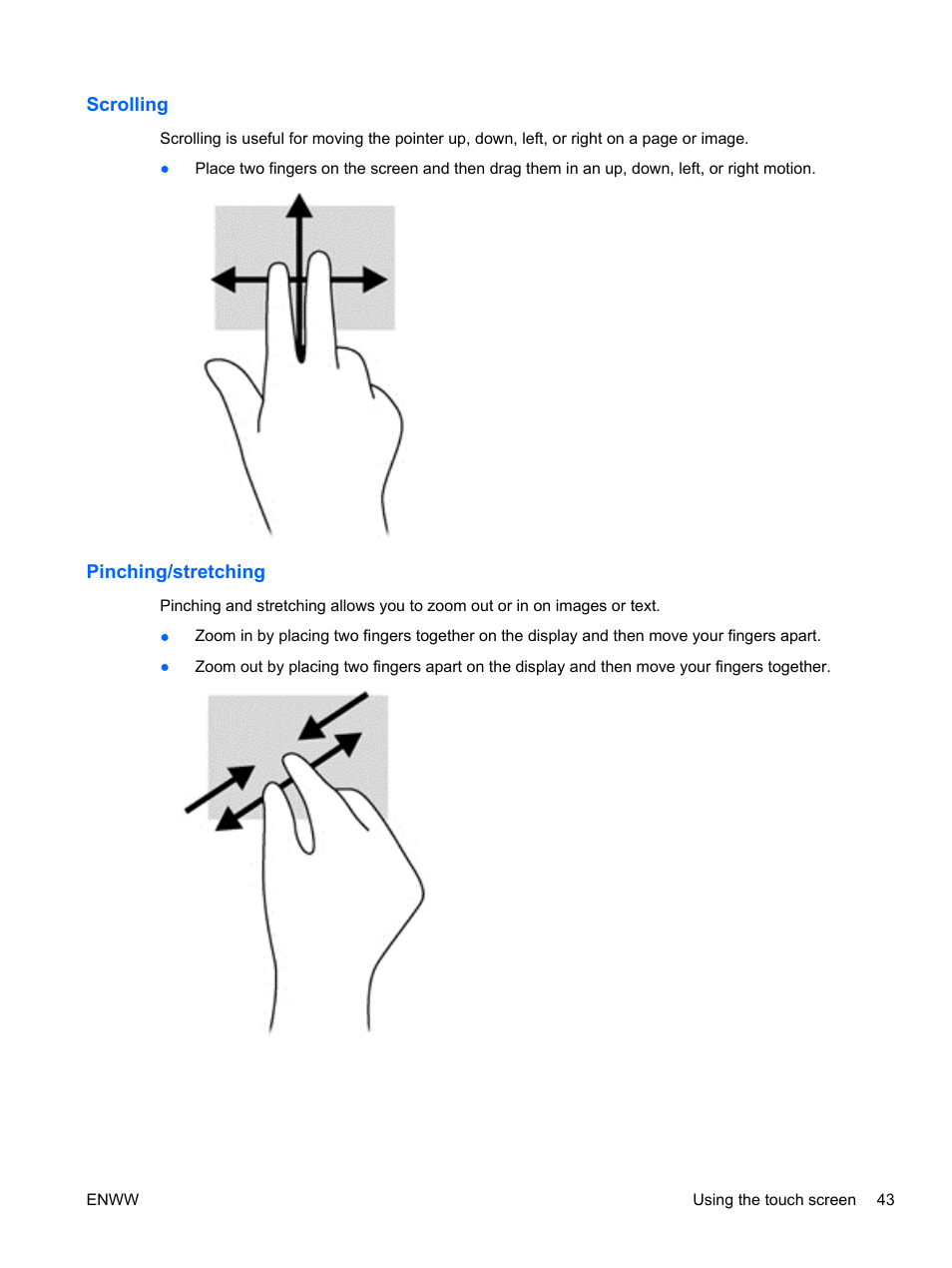 Scrolling, Pinching/stretching, Scrolling pinching/stretching | HP Split 13t-g100 CTO x2 PC User Manual | Page 53 / 89