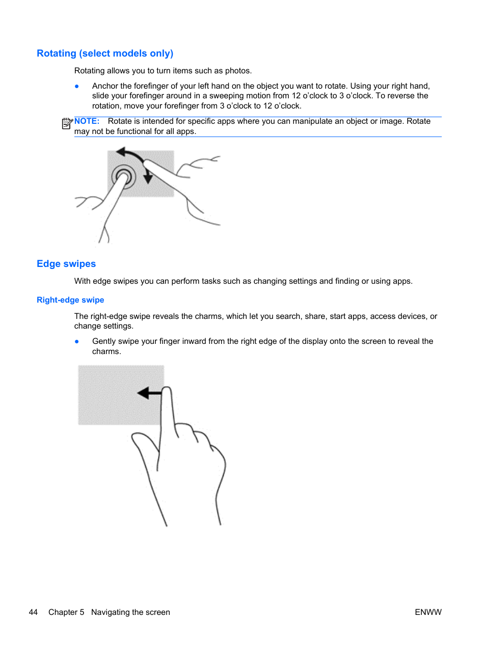 Rotating (select models only), Edge swipes, Right-edge swipe | Rotating (select models only) edge swipes | HP Split 13t-g100 CTO x2 PC User Manual | Page 54 / 89