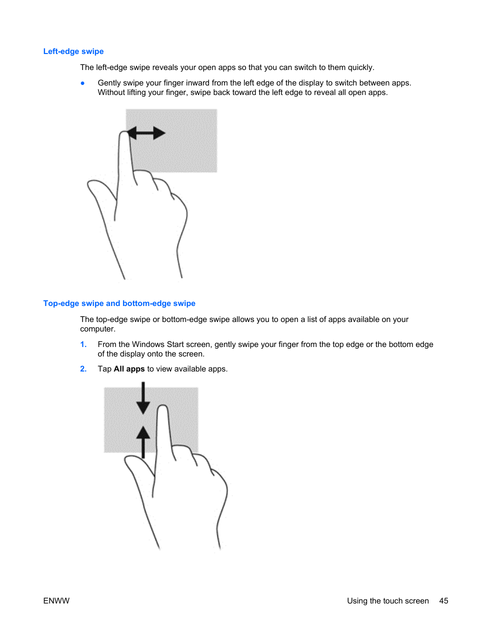 Left-edge swipe, Top-edge swipe and bottom-edge swipe | HP Split 13t-g100 CTO x2 PC User Manual | Page 55 / 89