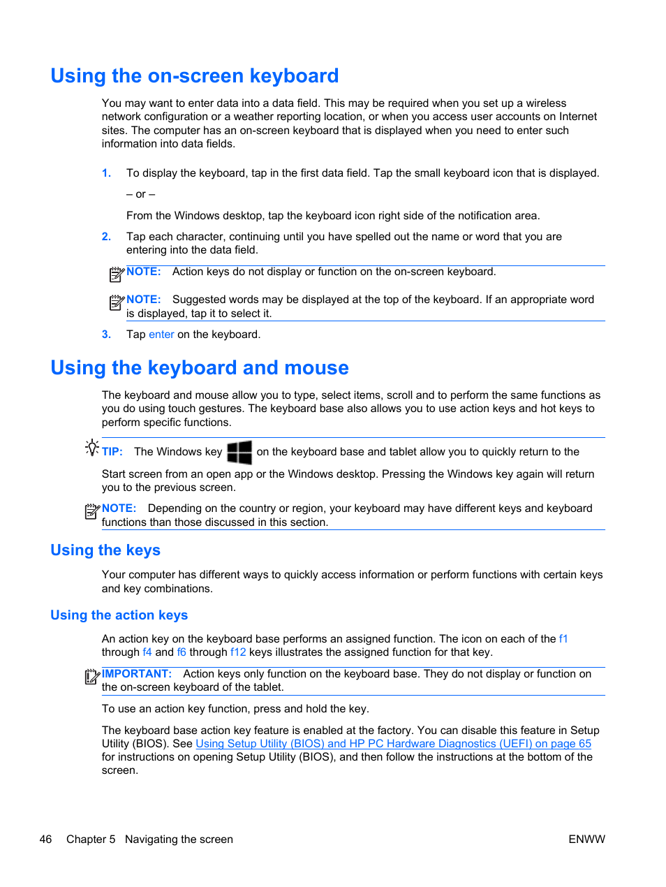 Using the on-screen keyboard, Using the keyboard and mouse, Using the keys | Using the action keys | HP Split 13t-g100 CTO x2 PC User Manual | Page 56 / 89