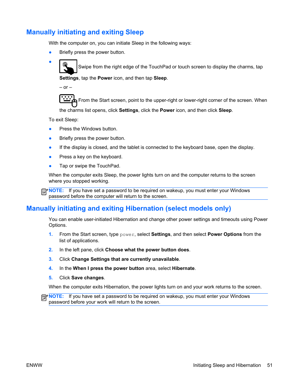 Manually initiating and exiting sleep, Manually | HP Split 13t-g100 CTO x2 PC User Manual | Page 61 / 89