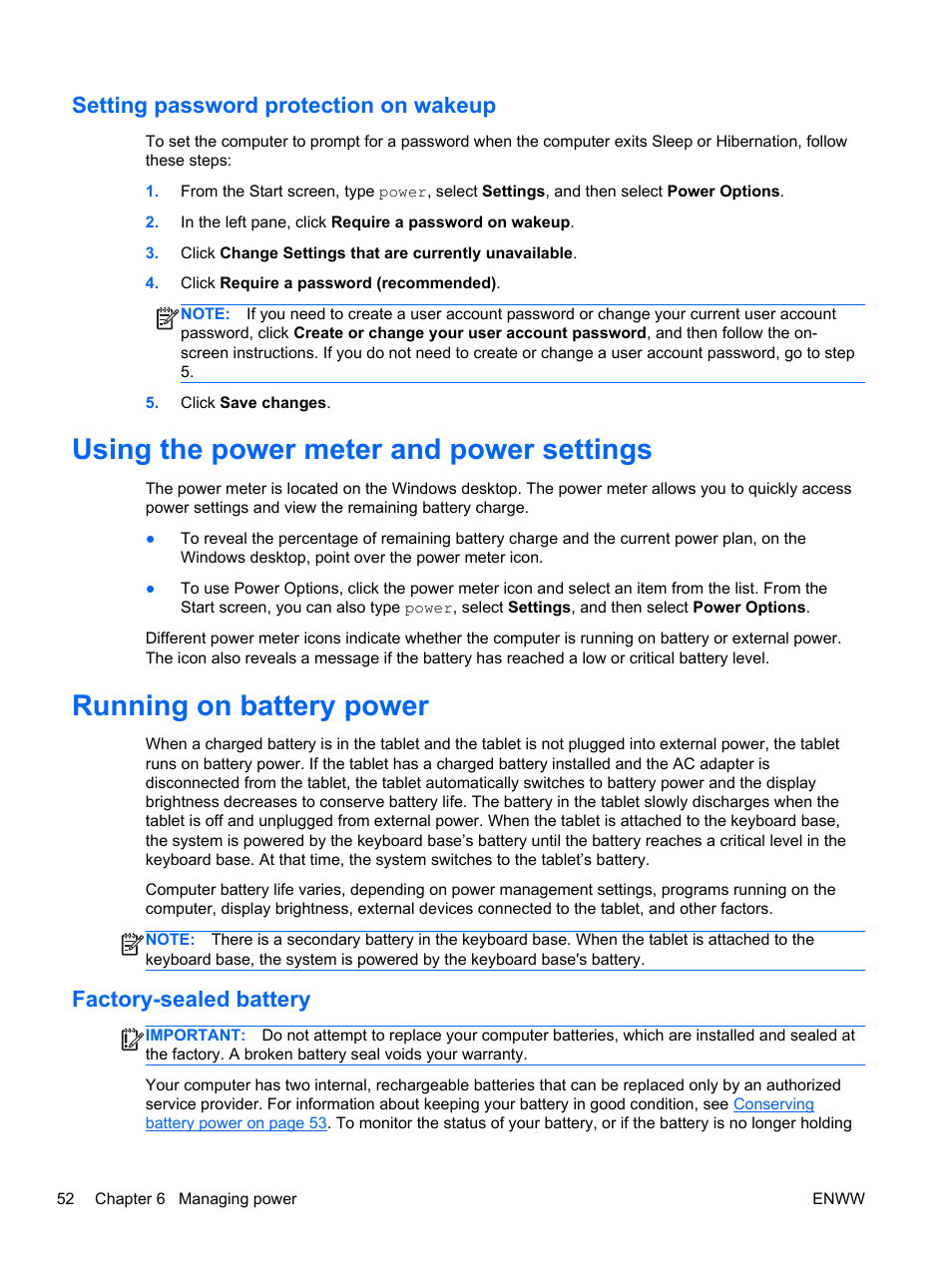 Setting password protection on wakeup, Using the power meter and power settings, Running on battery power | Factory-sealed battery | HP Split 13t-g100 CTO x2 PC User Manual | Page 62 / 89