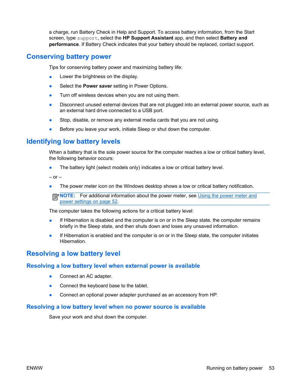 Conserving battery power, Identifying low battery levels, Resolving a low battery level | HP Split 13t-g100 CTO x2 PC User Manual | Page 63 / 89