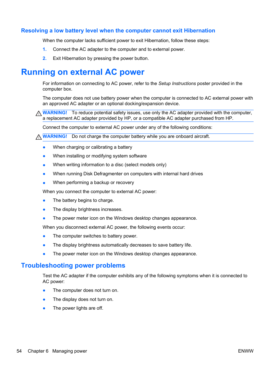 Running on external ac power, Troubleshooting power problems | HP Split 13t-g100 CTO x2 PC User Manual | Page 64 / 89