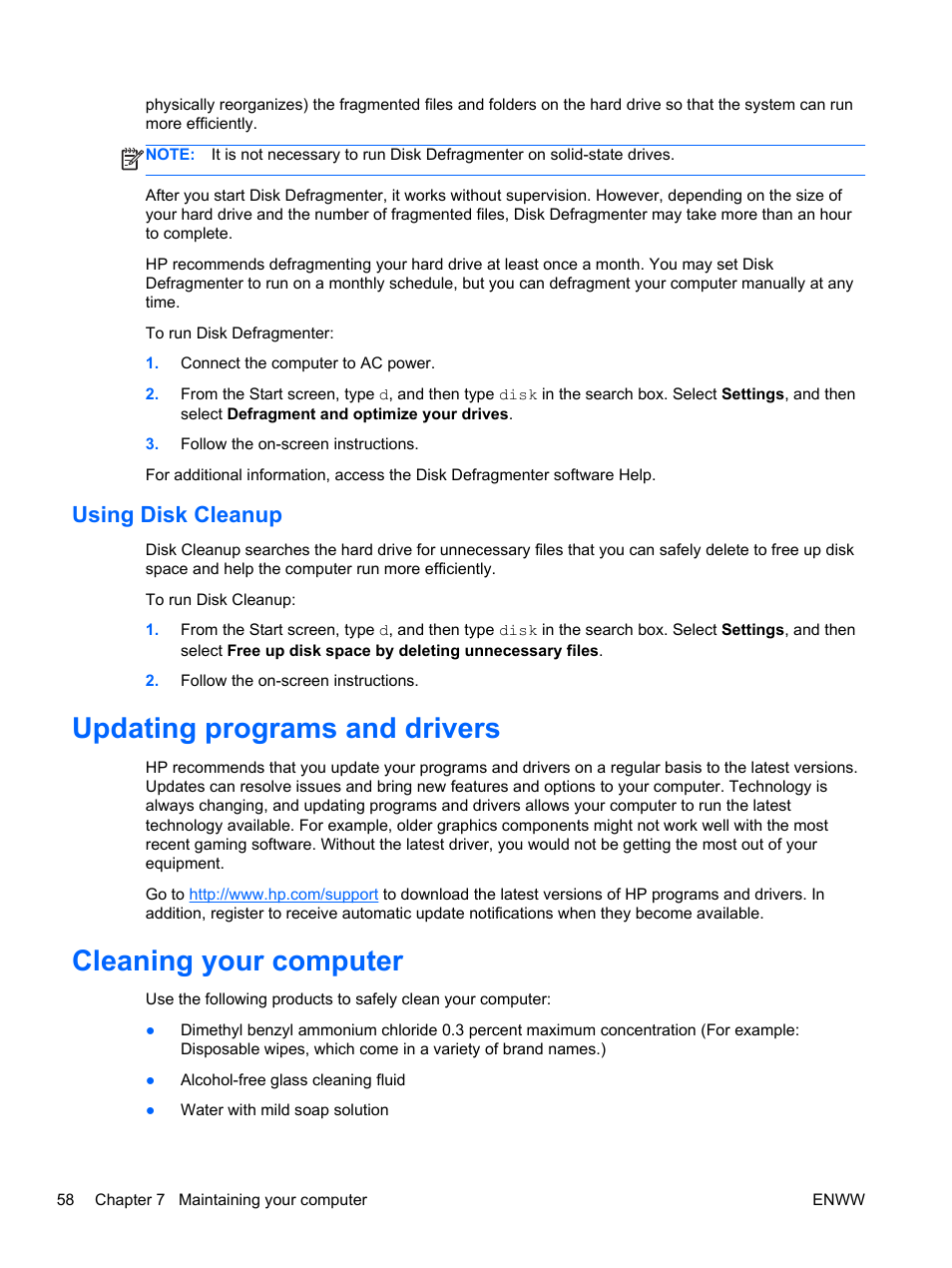 Using disk cleanup, Updating programs and drivers, Cleaning your computer | HP Split 13t-g100 CTO x2 PC User Manual | Page 68 / 89