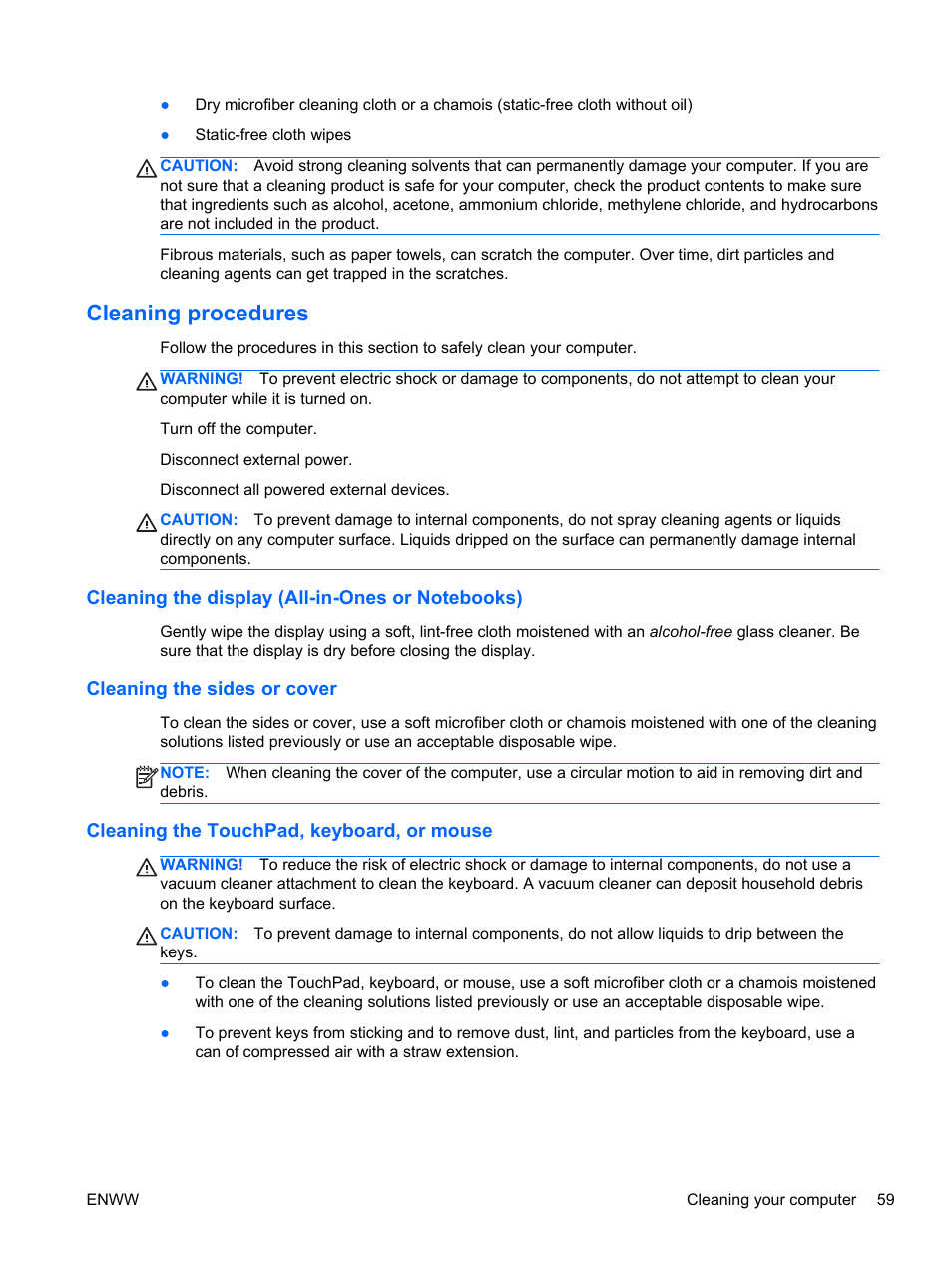 Cleaning procedures, Cleaning the display (all-in-ones or notebooks), Cleaning the sides or cover | Cleaning the touchpad, keyboard, or mouse | HP Split 13t-g100 CTO x2 PC User Manual | Page 69 / 89