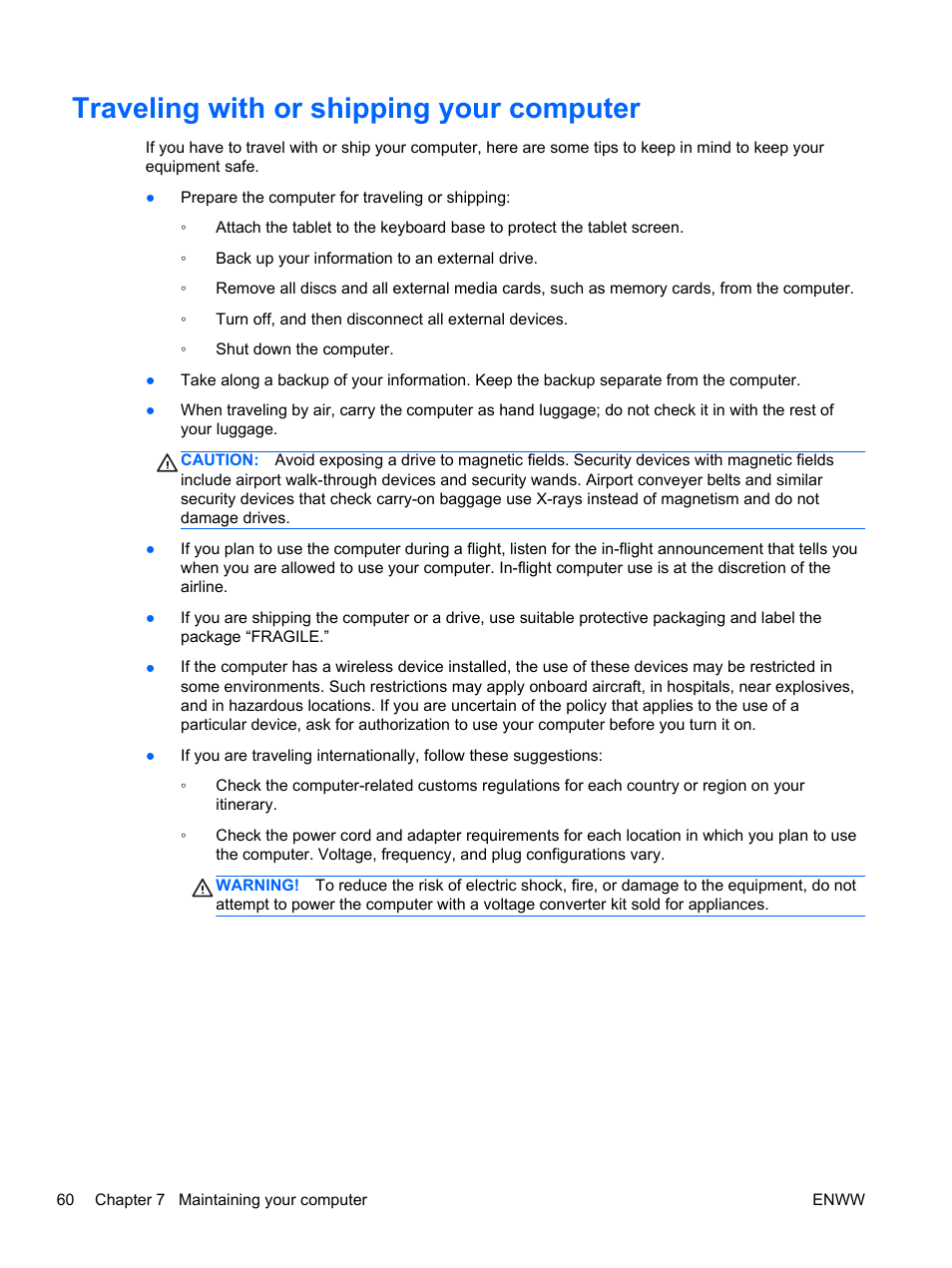 Traveling with or shipping your computer | HP Split 13t-g100 CTO x2 PC User Manual | Page 70 / 89