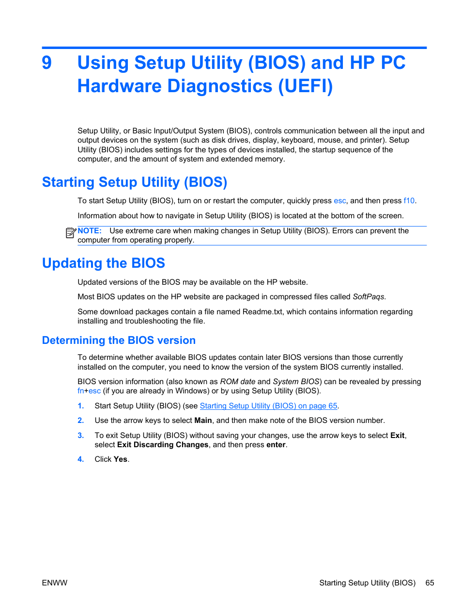 Starting setup utility (bios), Updating the bios, Determining the bios version | Starting setup utility (bios) updating the bios | HP Split 13t-g100 CTO x2 PC User Manual | Page 75 / 89