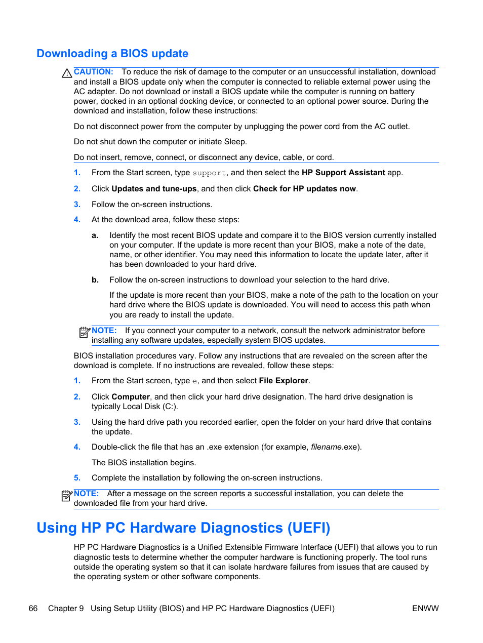 Downloading a bios update, Using hp pc hardware diagnostics (uefi) | HP Split 13t-g100 CTO x2 PC User Manual | Page 76 / 89