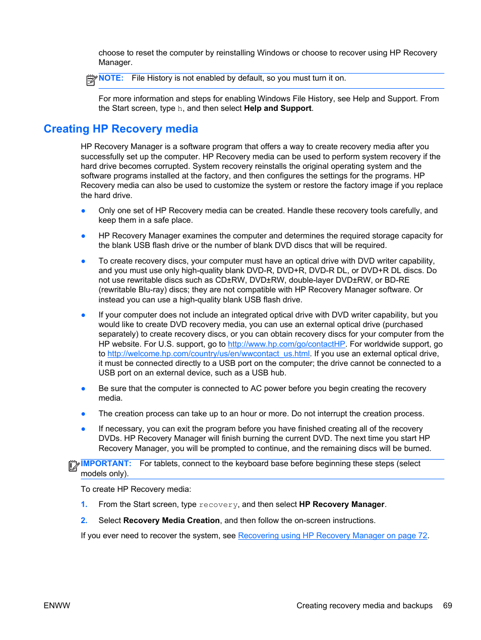 Creating hp recovery media | HP Split 13t-g100 CTO x2 PC User Manual | Page 79 / 89