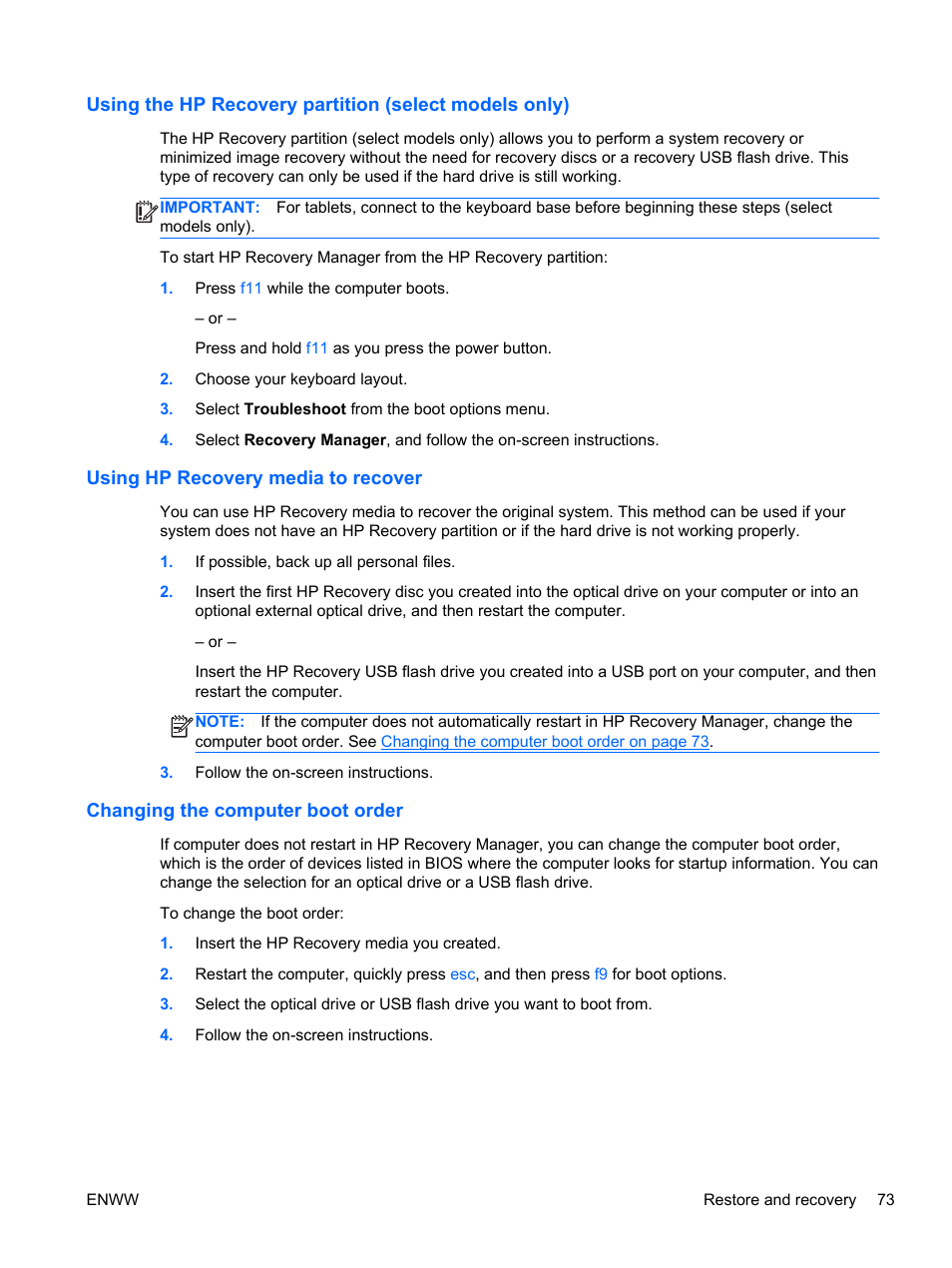 Using hp recovery media to recover, Changing the computer boot order | HP Split 13t-g100 CTO x2 PC User Manual | Page 83 / 89