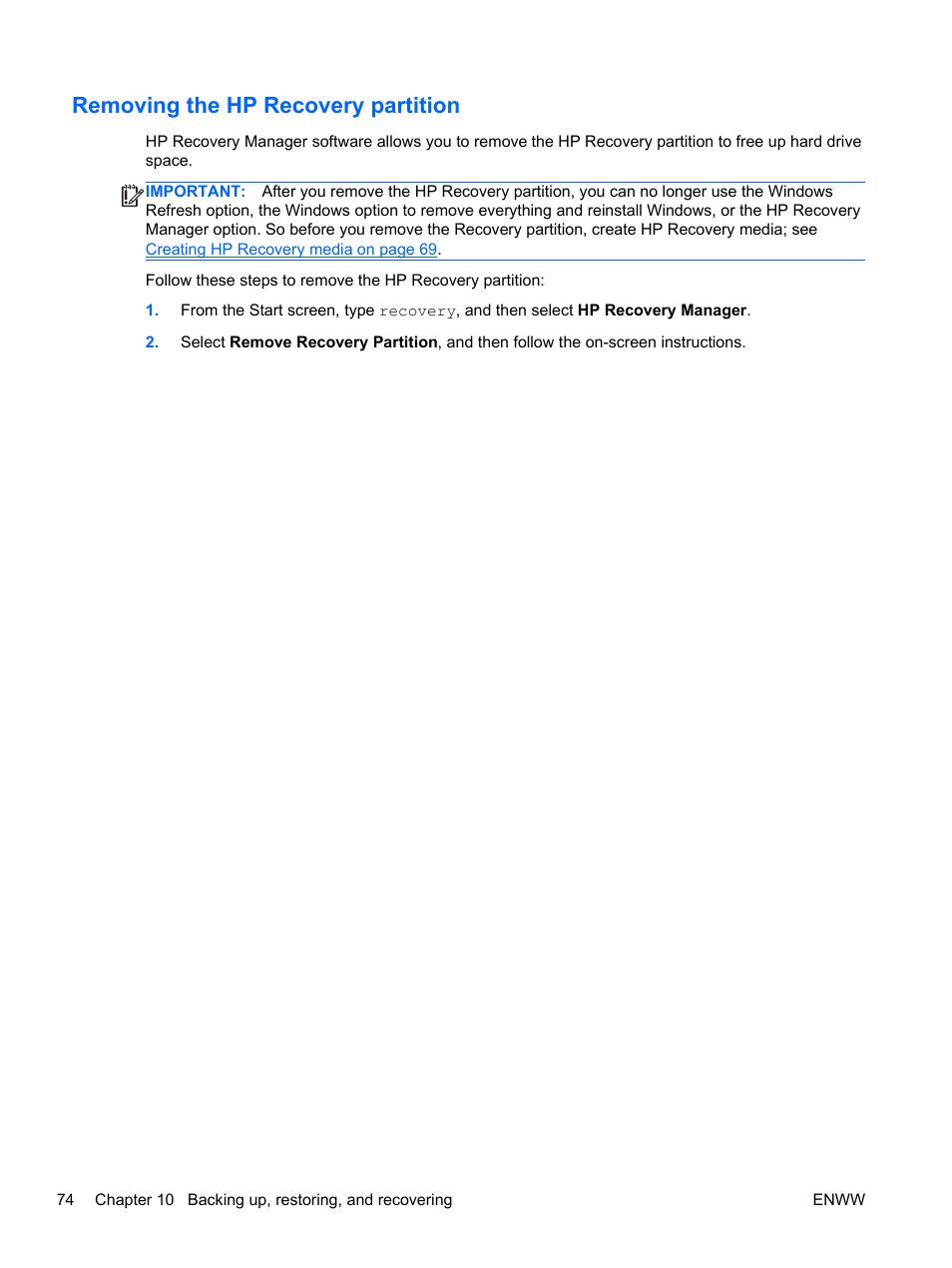 Removing the hp recovery partition | HP Split 13t-g100 CTO x2 PC User Manual | Page 84 / 89