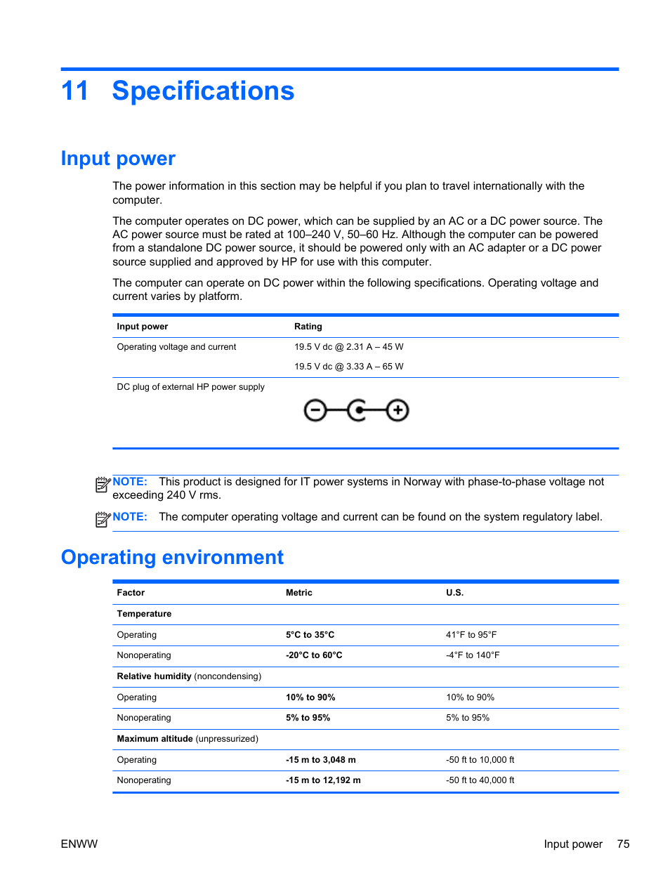 Specifications, Input power, Operating environment | 11 specifications, Input power operating environment | HP Split 13t-g100 CTO x2 PC User Manual | Page 85 / 89
