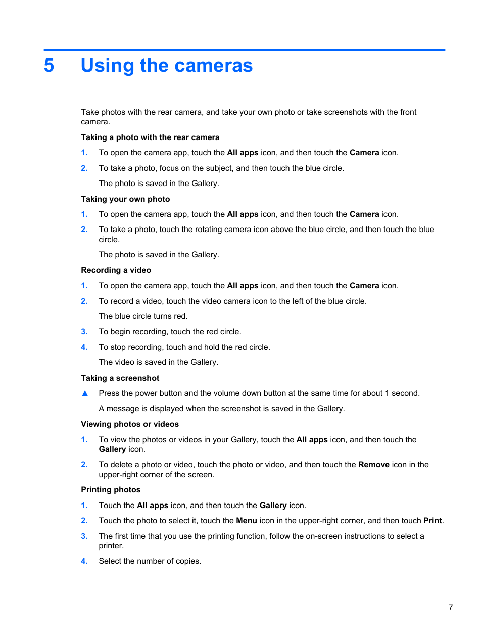 Using the cameras, 5 using the cameras, 5using the cameras | HP Slate 7 2800 Tablet User Manual | Page 11 / 20