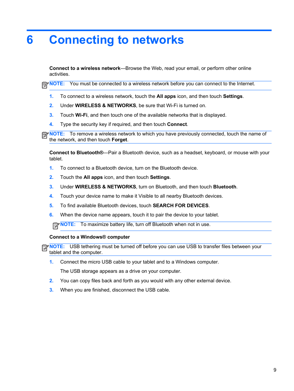 Connecting to networks, 6 connecting to networks, 6connecting to networks | HP Slate 7 2800 Tablet User Manual | Page 13 / 20