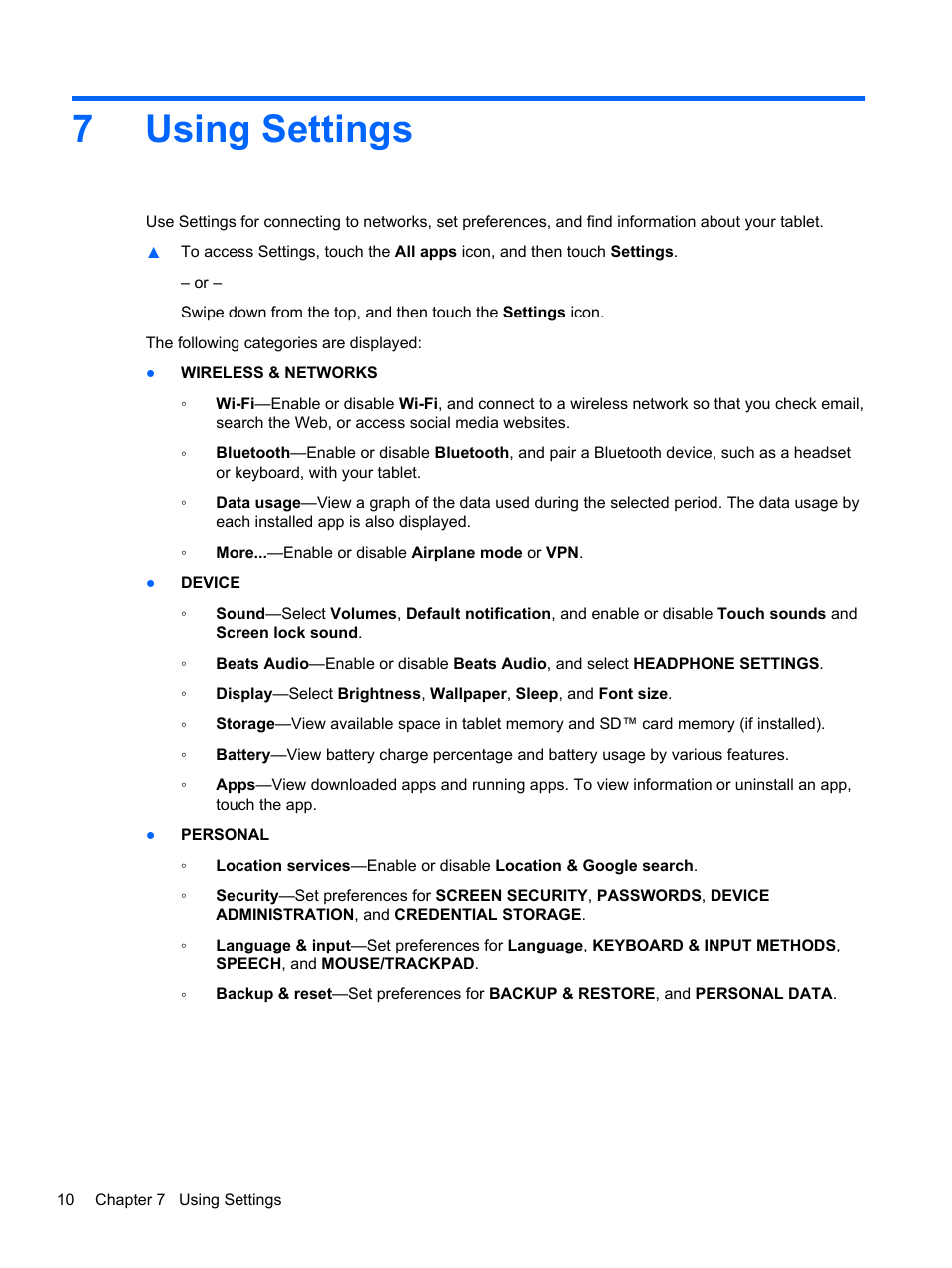 Using settings, 7 using settings, 7using settings | HP Slate 7 2800 Tablet User Manual | Page 14 / 20