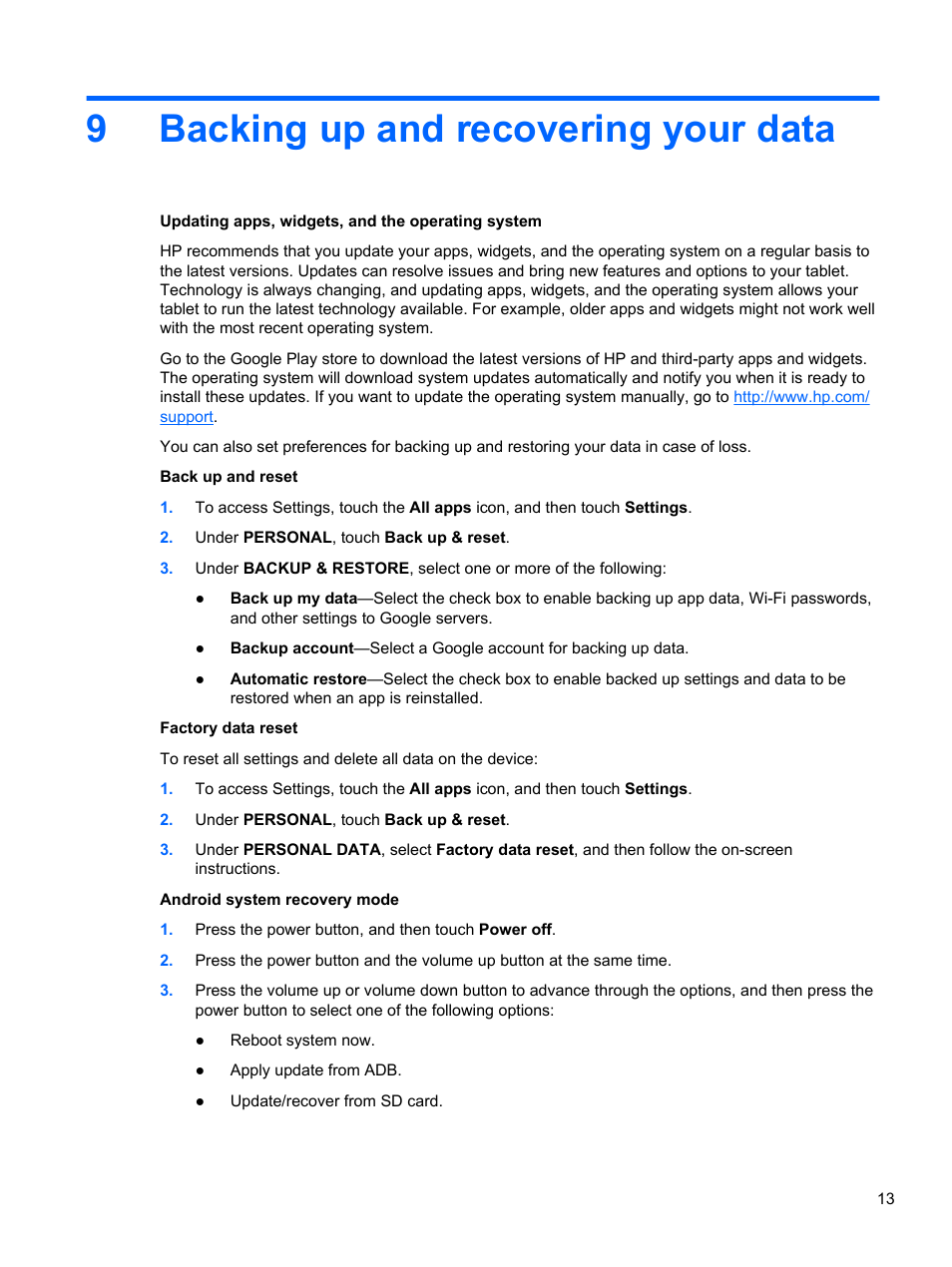 Backing up and recovering your data, 9 backing up and recovering your data, 9backing up and recovering your data | HP Slate 7 2800 Tablet User Manual | Page 17 / 20