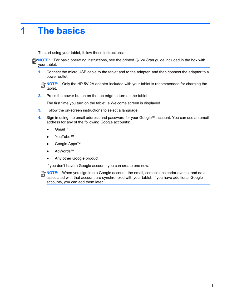 The basics, 1 the basics, 1the basics | HP Slate 7 2800 Tablet User Manual | Page 5 / 20