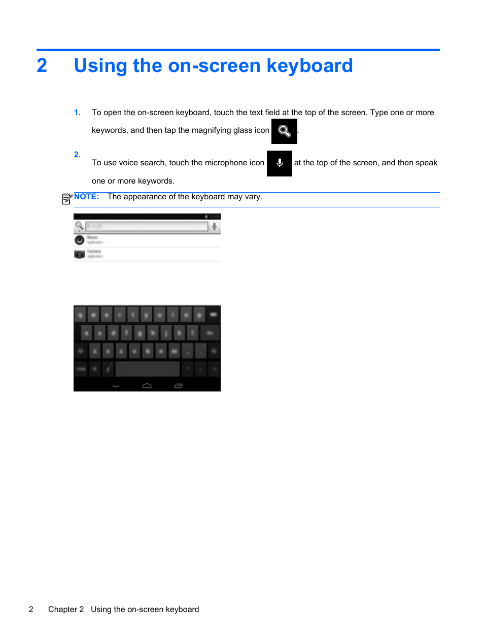 Using the on-screen keyboard, 2 using the on-screen keyboard, 2using the on-screen keyboard | HP Slate 7 2800 Tablet User Manual | Page 6 / 20