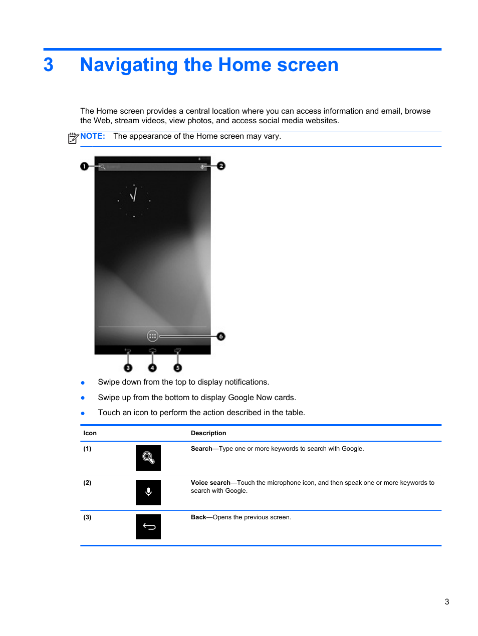 Navigating the home screen, 3 navigating the home screen, 3navigating the home screen | HP Slate 7 2800 Tablet User Manual | Page 7 / 20