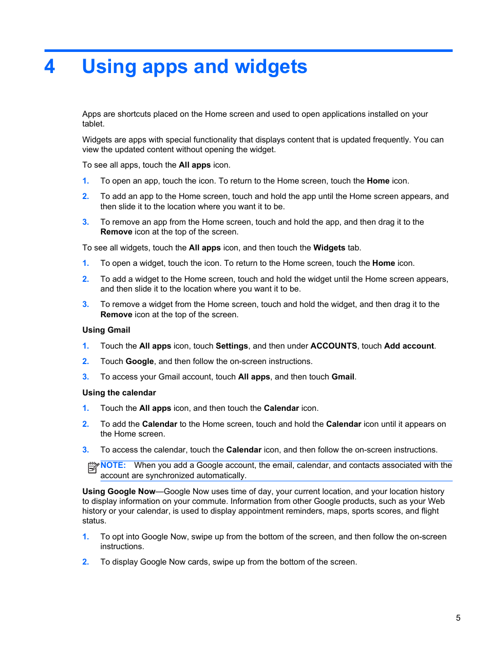 Using apps and widgets, 4 using apps and widgets, 4using apps and widgets | HP Slate 7 2800 Tablet User Manual | Page 9 / 20