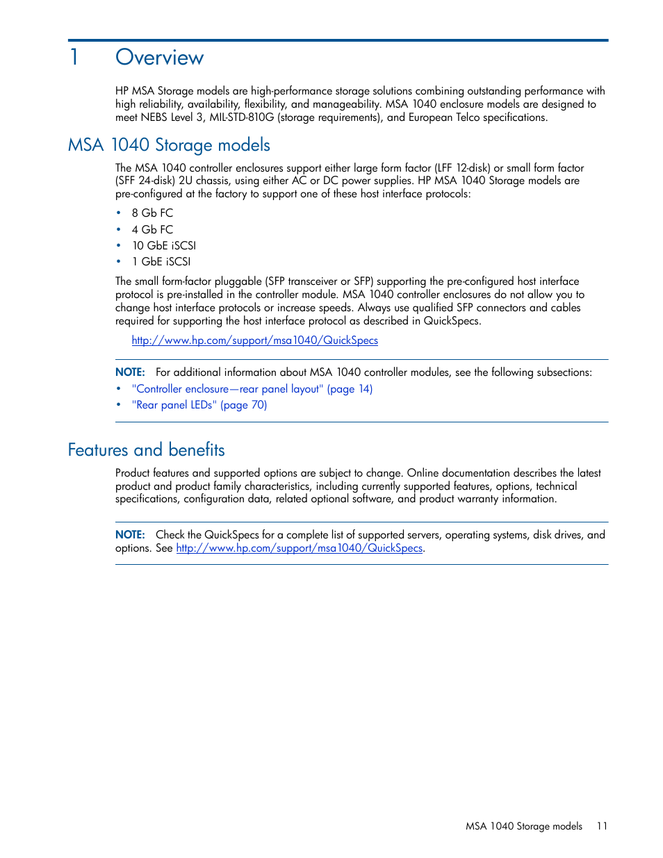 Overview, Msa 1040 storage models, Features and benefits | 1 overview, 1overview | HP MSA 1040 SAN Storage User Manual | Page 11 / 84