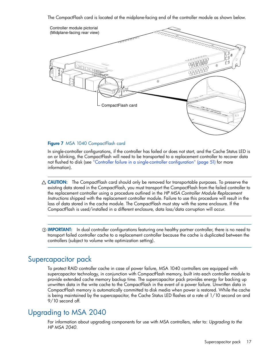 Supercapacitor pack, Upgrading to msa 2040, 7 msa 1040 compactflash card | HP MSA 1040 SAN Storage User Manual | Page 17 / 84